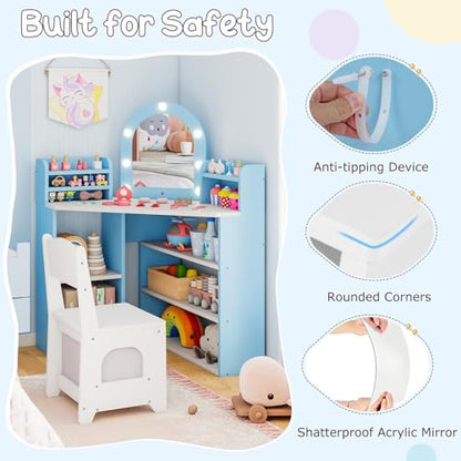 Costzon Kids Vanity with Lights, Corner Vanity Desk with Mirror, Storage Shelves, Wooden Princess Toddler Makeup Dressing Table, Kids Vanity Table and Chair Set for Little Girls (Blue) - style: Blue with Corner Design