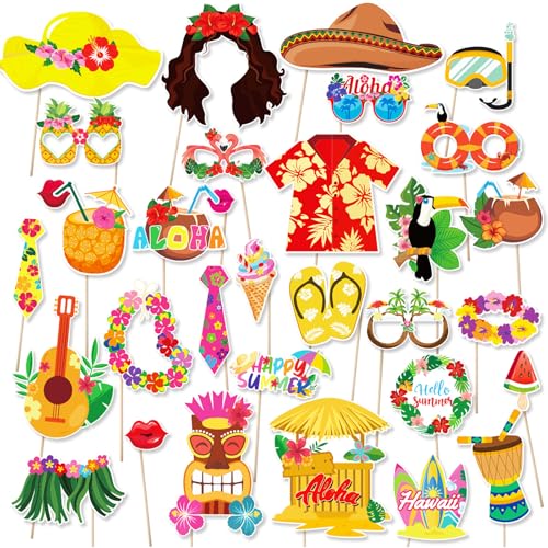 30 Pieces Luau Photo Booth Props Party Decorations Photo Props Hawaiian Themed Party Decorations Tropical Tiki Party Favors for Hawaiian Summer Pool Beach Birthday Wedding Party Supplies (Yellow) - color: Yellow