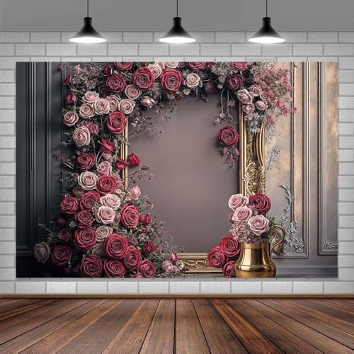 6X4ft Retro Wall Wedding Backdrops Frame Style Pink Red Rose Flowers Purple Wall Background Medieval Interior European Style Photo Background Bridal Birthday Girls Women Decoration Backdrop - color: Multi7, size: 6X4ft