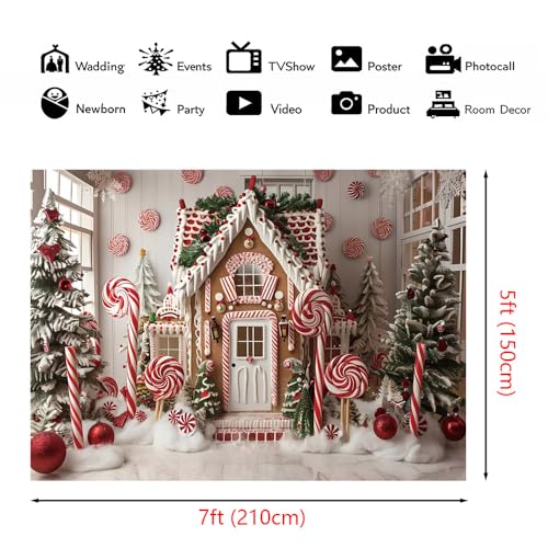 AIBIIN 7x5ft Winter Gingerbread House Backdrop Christmas Wonderland Decoration Festive Holiday Photo Background with Candy Cane, Snow Trees, and Lollipops Christmas Party Photography Backdrop - color: Gingerbread House, size: 7x5ft