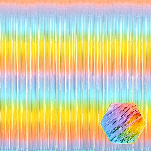 6 Pack Light Raainbow Foil Fringe Curtain Backdrop, 3.28Ft x 6.6Ft Metallic Tinsel Foil Fringe Streamer Curtains for Photo Booth, Christmas Day, Thanksgiving, Wedding, New Year Party Decorations - color: Light Rainbow