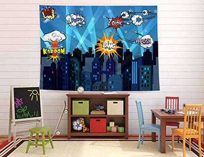 Superheroes Theme Party Photography Backdrop with Props. Super Hero Cityscape Photo Booth Background for Kids Party, Birthday Wall Decorations - size: 4*5.5 Feet