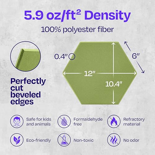 Acoustic Panels 12-Pack - 12"X10.4"X0.4" Soundproof Wall Panels - High Density Sound Dampening - Gin Green Hexagon - color: Gin Green, size: Medium Hexagon 12 Pack