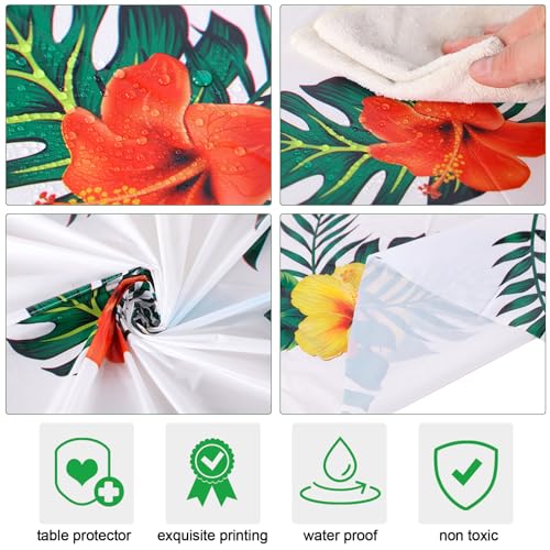 Oudain 84" Round Hawaiian Tablecloths, lagre Tropical Luau Plastic Table Covers with Palm Leaves & Hibiscus Flower, Aloha Summer Beach Pool Party Decorations Supplies(White,12 Pcs) - color: White