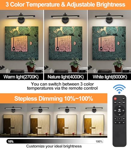 Tassuowell Rechargeable Picture Light for Wall, Cordless Art Lights Battery Operated, Dimmable Wall Light with Remote & Timer, 3 Color Modes for Paintings, Gallery, Artwork(Black, 15.7inch) - color: Black, size: 15.7inch