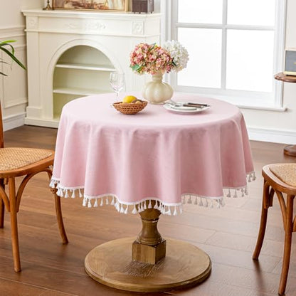 JIALE Valentines Textured Tablecloth, Heavy Duty Linen Style Farmhouse Table Cloth Round Tables, Wrinkle-Free Washable Waterproof Table Cover for Kitchen, Dining, Parties, 55"x55", Pink - color: Pink, size: 55" (Round)