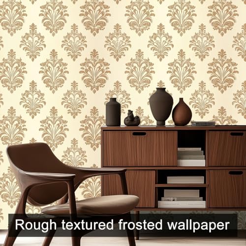 HOMETITUTE Wallpaper Peel and Stick Gold Damask on Beige Background Contact Paper Wall Paper Stick 17.7" x 118.1" Self Adhesive Removable Vinyl Wall Covering Bedroom Kitchen Bathroom Home Decor - color: Gold Damask on Beige Background
