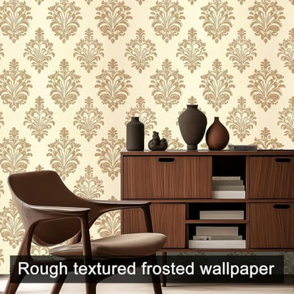 HOMETITUTE Wallpaper Peel and Stick Gold Damask on Beige Background Contact Paper Wall Paper Stick 17.7" x 118.1" Self Adhesive Removable Vinyl Wall Covering Bedroom Kitchen Bathroom Home Decor - color: Gold Damask on Beige Background
