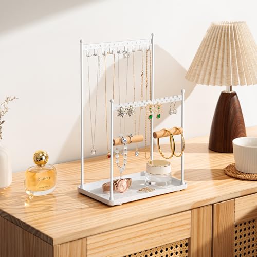 3 Tier white Jewelry Stand, Necklace Organizer, Earring Holder with 44 Holes and 9 Hooks, for Necklaces, Bracelets, Rings - color: White