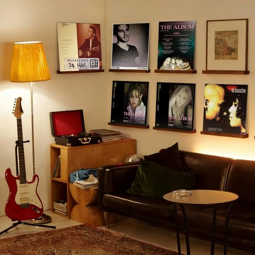 Vinyl Wall Mount No Drill with 2 Mount Options(Adhesive & Screws), 6 Pack Solid Walnut Wood Record Display No Screws, Record Shelves for Wall, Album Magazine, Record Shelf, Vinyl Holder Wall