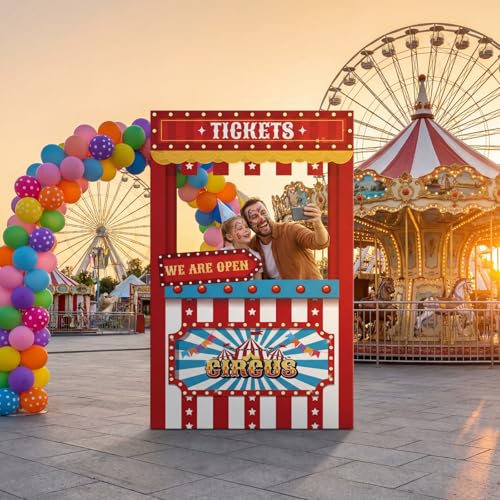 CroBlissful Carnival Circus Theme Party Decorations 4 x 2.3 ft Carnival Photo Booth Props Cardboard Cutouts Movie Ticket & Striped Decor Background for Halloween Birthday Game Supplies - color: Red, style: Carnival