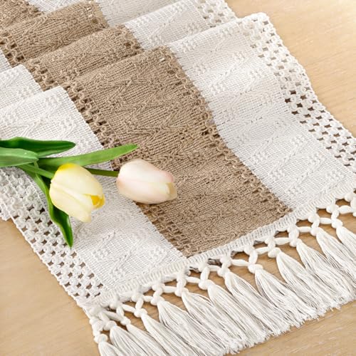 Socomi Boho Table Runner Summer Farmhouse Rustic Dining Kitchen Centerpiece Decor Small Macrame Woven Cotton Linen Coffee Table Runner for Dresser Scarf Home Decor 12x36 inch - color: Brown & Ivory, size: 12" X 36"