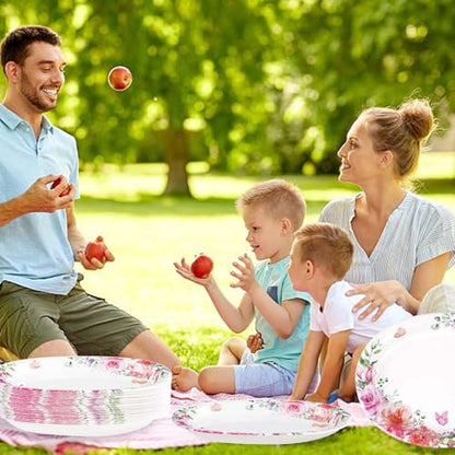 Grencian 50Pcs Floral Oval Paper Plates 10" x 12" Disposable Pink Rose Floral Party Plates Spring Pink Flower Dinnerware for Wedding Tea Party Birthday Bridal Baby Shower Mother's Day Decorations - style: 50Pcs Pink Oval Floral Kit