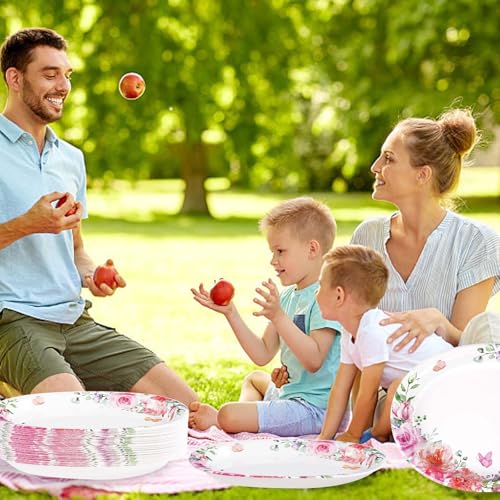 Grencian 50Pcs Floral Oval Paper Plates 10" x 12" Disposable Pink Rose Floral Party Plates Spring Pink Flower Dinnerware for Wedding Tea Party Birthday Bridal Baby Shower Mother's Day Decorations - style: 50Pcs Pink Oval Floral Kit