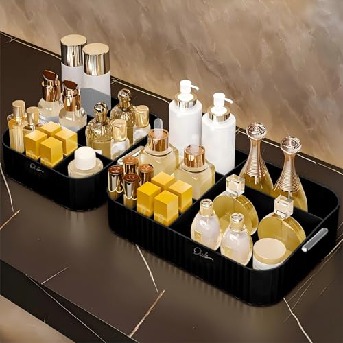 DASITON Large Capacity Makeup Organizer,12 Slots Makeup Brush Holder,Makeup Storage with Handle,Vintage Striped Cosmetic Organizer for Bathroom Countertops,Desk Storage Container(Black) - color: Black
