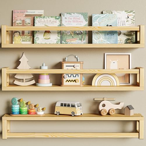 TidyCorner Upgraded Thick Floating Shelves - 24 Inch Multi-Use Wall-Mounted Bookshelves for Kids and Nursery, Ideal for Books, Toys, Spice Rack, Decor - Natural Wood - color: Natural Wood, size: 23.60 Inch