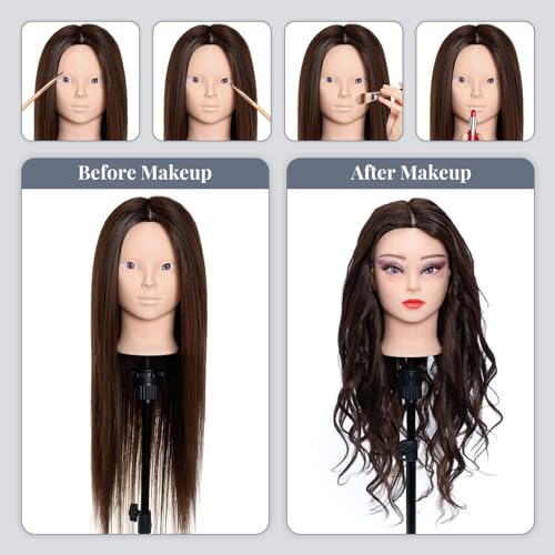 28 Inch Mannequin Head 80% Real Hair with Tripod Stand, Cosmetology Manikin Practice Doll Head,Braiding Hairdressing Head with Table Clamp + DIY Hair Styling Set #4 - color: Brown