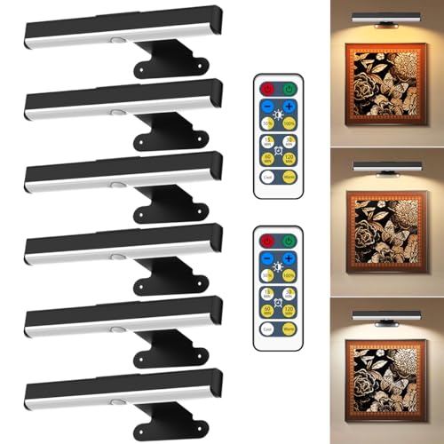 6Pack Wireless Picture Light for Wall Battery Operated Wall Sconces with Remote 3 Lighting LED Painting Light Timer&Dimmable Art Display Lights for Picture Gallery Posters Living Room Home Decor - size: 6Pack Black