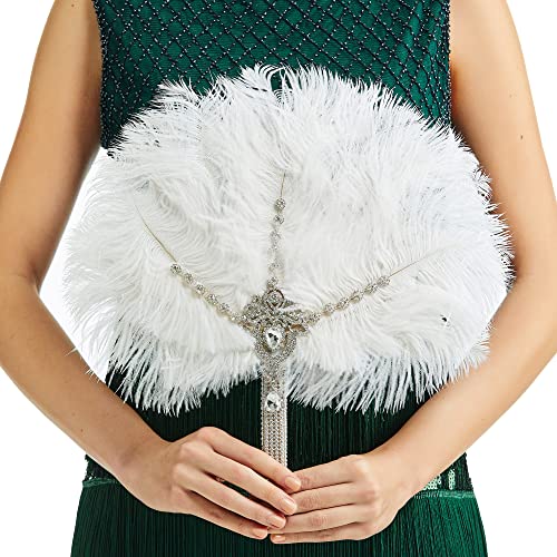 BABEYOND Vintage Bridal Feather Bouquet 1920s Ostrich Feather Fan Crystal Bridesmaid Bouquet 20s Gatsby Wedding Bouquet Flapper Accessories (White & Crystal Handle) - color: White & Crystal Handle