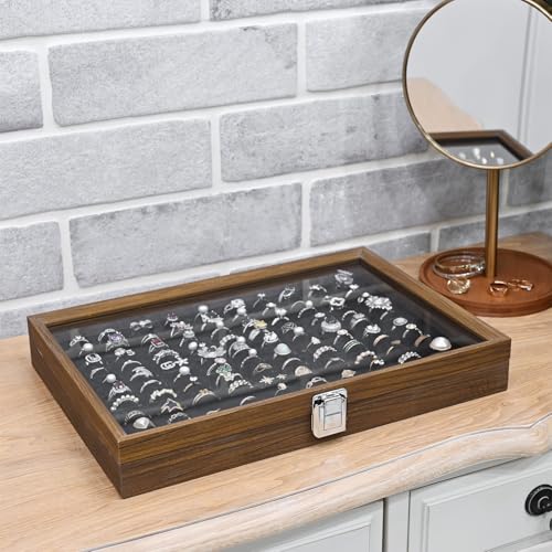 MOOCA Ring Box Jewelry Display Tray, Display Case Accessories Storage Box with Tempered Glass Hinge Lid, Black Lined Jewelry Tray for Rings, Walnut/Black Color, 14.1W x 10.2D x 2.1H in - color: Black, Walnut Case, 100 Slots