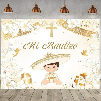 Withu Gold Mi Bautizo Backdrop for Boy Pigeon Holy Bible Cross First Communion Photo Shoot Kids Religious Christian Ceremony Photography Background Newborn Baby Shower Banner 7x5ft - size: 7x5ft
