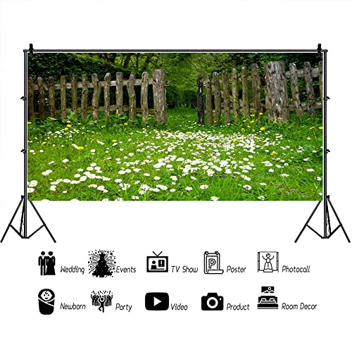 AOFOTO 20x10ft Spring Garden Daisy Flower Backdrop Rustic Wood Fence Meadow Photography Background Forest Wonderland Grass Florets Country Hiking Suburbs Picnic Girl Boy Scouts Photo Studio Props - size: 20x10ft