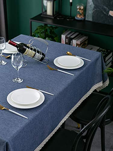 EHouseHome Faux Linen Tablecloth with Lace Trim - Waterproof/Spill Proof/Stain Resistant/Wrinkle Free/Oil Proof - for Banquet, Parties, Dinner,Wedding,Holiday,Denim Blue Rectangle 60x120Inch - color: Denim Blue, size: 120" x 60" (Rectangular)