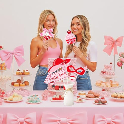 24 Pcs Pink Cherry Photo Booth Props Set, Cherry Happy Birthday Photography Posing Selfie Props with Sticks, Summer Fruit Theme Photo Shoot for Bday Baby Shower Party Supplies