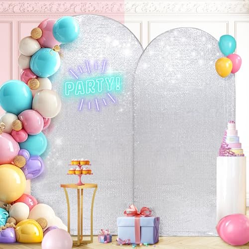 PartyDelight Arch Sequin Backdrop Cover 7.2FT/6.6FT Sparkly Set of 2 Silver Wedding Back Drop Fitted Arch Stand for Birthday Party Decoration - color: Silver, size: 7.2FT/6.6FT