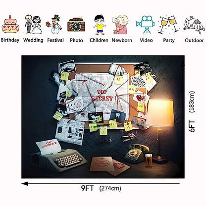 Detective Backdrop, 9x6ft Agent Spy Theme Top Secret Police Office Investigation Photography Background Crime Clue Evidence Murder Mystery Party Decorations Photo Booth Props BJFNPR0141 - size: 9x6