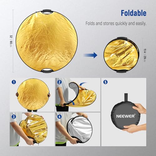 NEEWER 32"/80cm Light Reflector, 5 in 1 Foldable Multi Disc Photography Light Diffuser Translucent/Silver/Gold/White/Black with Clamp/Grips, 3/8" Thread/Cleaning Cloth for Outdoor Lighting, RF-80II - style: 80cm w/Cleaning Cloth