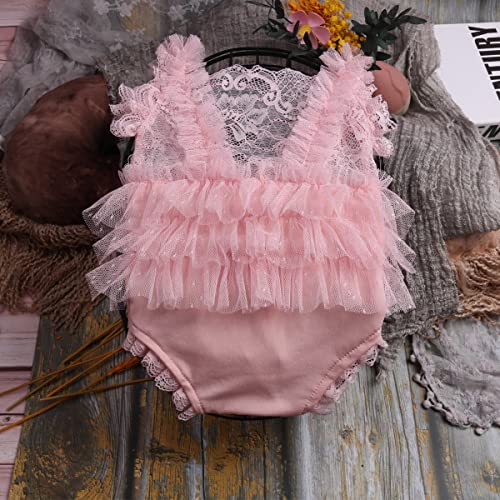 Baby Photography Props Outfit Lace Rompers Newborn Girl Photo Shoot Outfits Flower Headband Princess Costume - color: Pink B