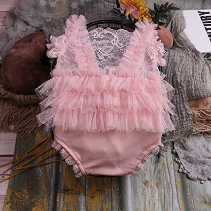 Baby Photography Props Outfit Lace Rompers Newborn Girl Photo Shoot Outfits Flower Headband Princess Costume - color: Pink B