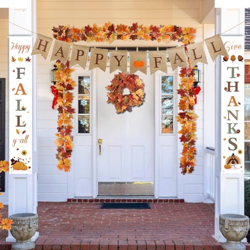 Fall Decor Set 5 Pack 5.9Ft Artificial Fall Maple Leaves Garland - 70pcs with Mini Pumpkins kit, Happy Fall Porch Banner Welcome Signs Autumn Decor for Thanksgiving Home & Fall Decorations