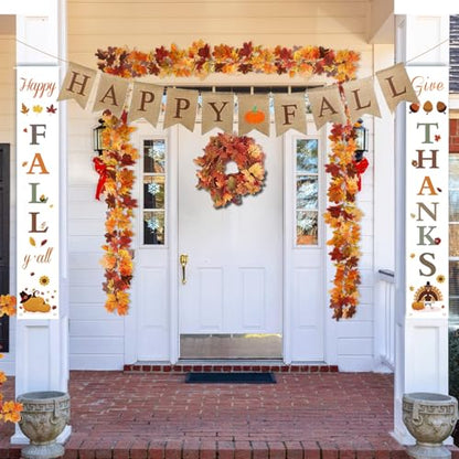 Fall Decor Set 5 Pack 5.9Ft Artificial Fall Maple Leaves Garland - 70pcs with Mini Pumpkins kit, Happy Fall Porch Banner Welcome Signs Autumn Decor for Thanksgiving Home & Fall Decorations