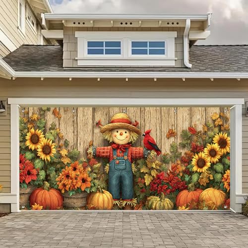 HOMETITUTE Thanksgiving Garage Door BannerScarecrow Cardinal Sunflowers Pumpkins Fall Leaves Rustic Farm Scene Outdoor Indoor Photo Background Decor Seasonal Party Decorations 13x6ft - color: Garage Banner#5