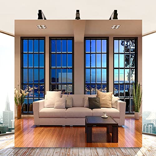 AOFOTO 10x10ft Business Office Window View Backdrop French Sash Modern Living Room Interior Sofa Casement Photography Background Work at Home Nightscape Wooden Floor Furniture Video Studio Props Vinyl - size: 10x10ft