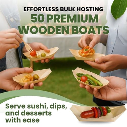 Dtocs 135mm Disposable Wooden Boat Plates 50 Pcs. Biodegradable Wood Serving Boats | Eco-Friendly Food Boats for Sushi, Desserts, Appetizers, Snacks | Alternate to Plastic, Bamboo, Paper Plates - size: 135mm-50 Pcs