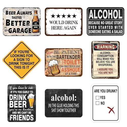 WERNNSAl Beer Party Decorations - 9 PCS Vintage Beer Birthday Decorations for Men Women Cheers and Beers Party Decorations Funny Alcohol Party Signs for Home Bar Man Cave Wall Decor - style: Alcohol