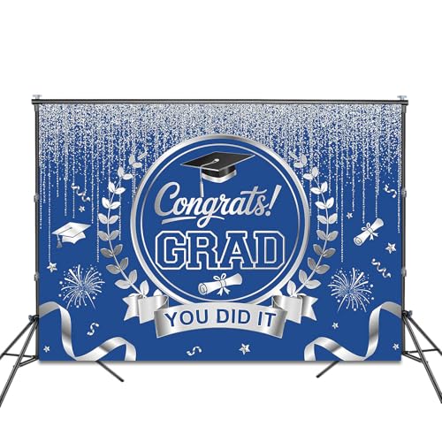 Graduation Backdrop Congrats Grad You Did It Party Decorations Background Congratulations Graduate Class of 2026 Banner Photo Booth Props (Blue and Silver, 7x5ft) - color: Blue and Silver