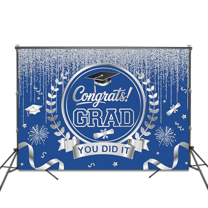 Graduation Backdrop Congrats Grad You Did It Party Decorations Background Congratulations Graduate Class of 2026 Banner Photo Booth Props (Blue and Silver, 7x5ft) - color: Blue and Silver