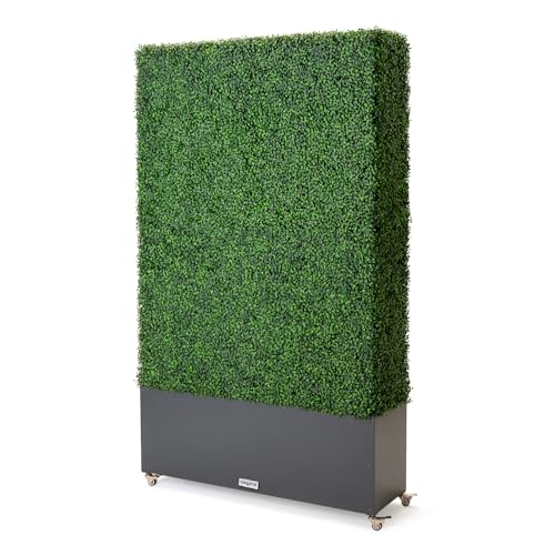 Artificial Boxwood Hedge Wall with Dark Grey Planter Box and Wheels, Greenery Fake Faux Grass Panels Backdrop Divider 48" WX81 HX14 D - size: 48"WX81"HX14"D