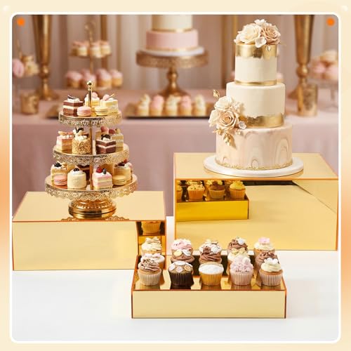 3 Pack Extra Large Acrylic Buffet Risers - 14”, 12”, 10” Gold Display Stands with Hollow Bottoms, Cube Riser Boxes Nesting for Dessert Food Catering Buffet Display Party Supplies - color: Gold, size: 14”,12”,10”