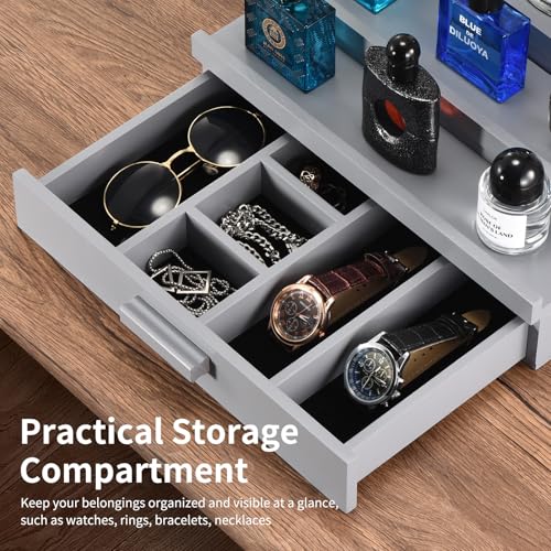 Perfume Organizer for Men, 3 Tier Wood Perfume Display Stand with Velvet Lining Drawer and Hidden Compartment for Watch,Jewelry,Perfume Display Risers,A Gift for Men (Gray) - style: 3 Tier - Grey