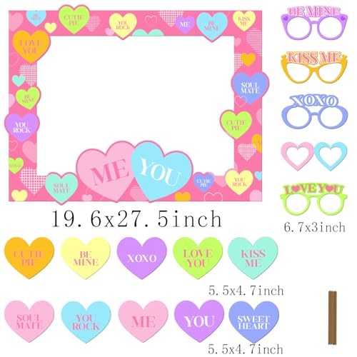 Valentines Day Photo Booth Props, Pink Romantic Valentine’s Day Selfie Photo Booth Picture Frame and Conversation Hearts Valentines Photo Props for Valentine’s Day Wedding Party Favors Decorations