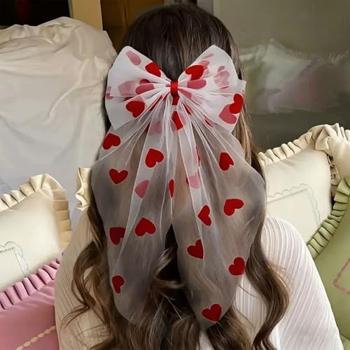 White Bow Lace Veil with Red Heart Cherry Headband Double Layer Hair Clip with Long Ribbon Short Hair Decorations Valentine's Wedding Hair Accessory Party Supplies Gifts Photo Props for Women