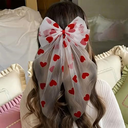 White Bow Lace Veil with Red Heart Cherry Headband Double Layer Hair Clip with Long Ribbon Short Hair Decorations Valentine's Wedding Hair Accessory Party Supplies Gifts Photo Props for Women
