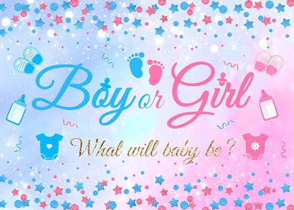 10x8 FT Gender Reveal Boy Or Girl Photo Backdrop He Or She What Will Baby Be Blue Pink Footprints Glitter Dots Star Party Decorations Photography Background Polyester - size: 10x8 FT