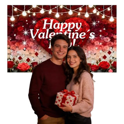 Large Happy Valentines Day Decorations Fabric Banner for Valentines Party Photo Props Sign, Wedding Anniversary Party Celebrations Indoor Outdoor