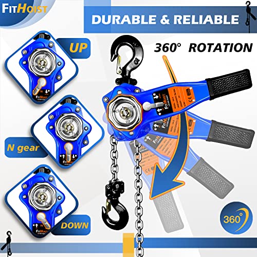 Lever Chain Hoist 1650LBS Capacity 10FT Manual Ratchet Chain Puller Hoist with 2 Hooks for Open-Air and Unpowered Operations (1650LBS 10FT)